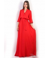 Платье в пол с воротником на пуговицах  красное    