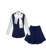 Комплект из синей жилетки,синей юбки в складочку и блузки с атласным бантом