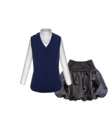 Комплект из синей жилетки, чёрной юбки и белой блузки с воротником стоечкой
