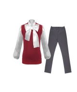 Комплект из бордовой жилетки, серых брюк и белой блузки с атласным бантом