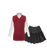 Комплект из бордовой жилетки, чёрной юбки и белой блузка с воротником стоечкой