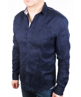 Однотонная тёмно-синяя рубашка из льня с карманом