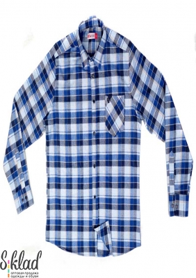 Рубашка с длинными рукавами сине-голубая в клетку с карманом