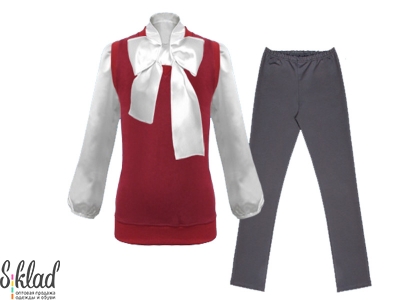 Комплект из бордовой жилетки, серых брюк и белой блузки с атласным бантом