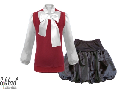 Комплект из бордовой жилетки, чёрной юбки и белой блузки с атласным бантом